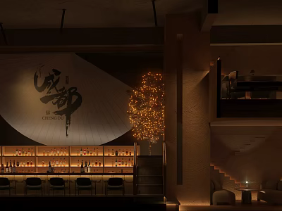 Chengdu Themed Bar Interior With Warm Lighting And Liquor Shelves 3d model