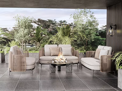 Outdoor Sofa Set With Fire Pit Coffee Table And Green Plants On Patio 3d model