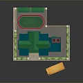 Scenic Two Story Building with Green Roof Orange Walls Yellow School Bus and Green Shrubs