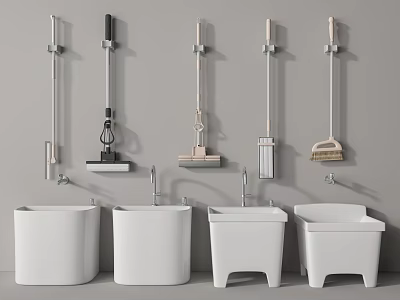 Household Cleaning Tools With Mops Mop Cloths And White Mop Sinks 3d model