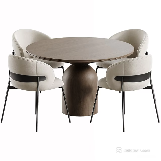 Modern Beige Leather Dining Chairs With Black Legs And Wooden Round Table 3d model 
