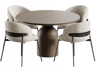 Modern Beige Leather Dining Chairs With Black Legs And Wooden Round Table 3d model