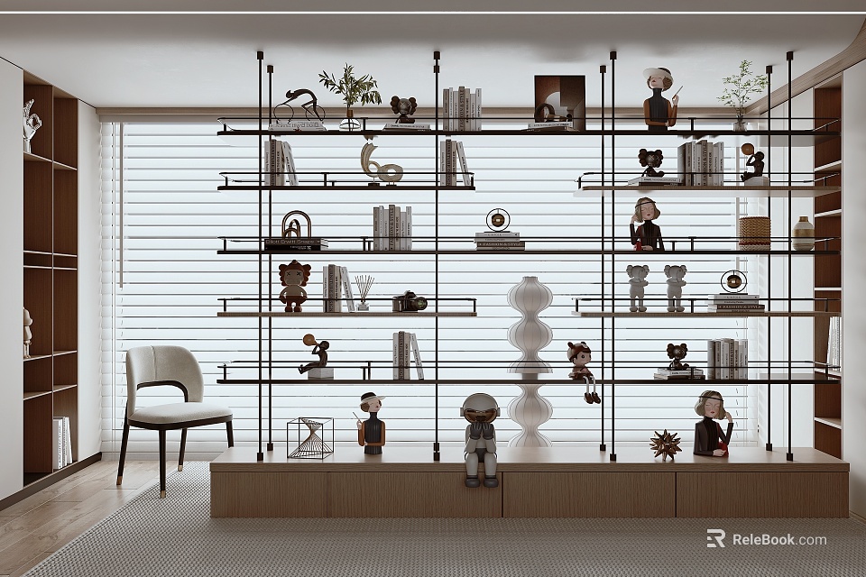 Modern Open Bookcase Design With Multiple Shelves Books Figurines And Decorative Plants 3d model 