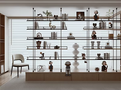 Modern Open Bookcase Design With Multiple Shelves Books Figurines And Decorative Plants 3d model