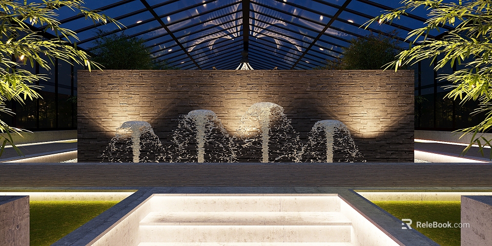 Illuminated Outdoor Water Fountains With Stone Wall And Glass Roof At Night 3d model 