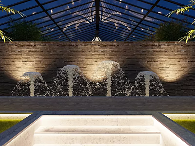 Illuminated Outdoor Water Fountains With Stone Wall And Glass Roof At Night 3d model