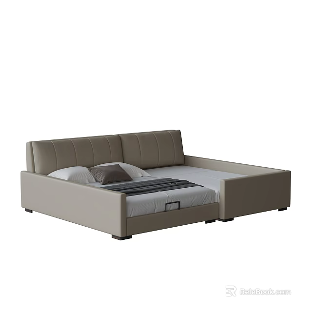 Modern Platform Double Bed With Leather Upholstered Headboard And Beige Minimalist Design 3d model 