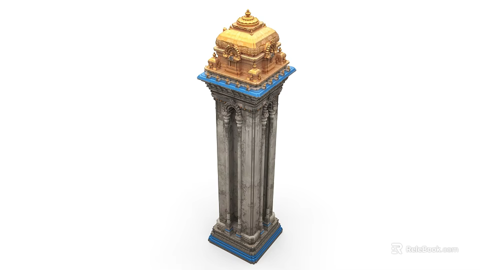 Ornate Traditional Tower with Golden Top Gray Columns Blue Base and Intricate Details 3d model 