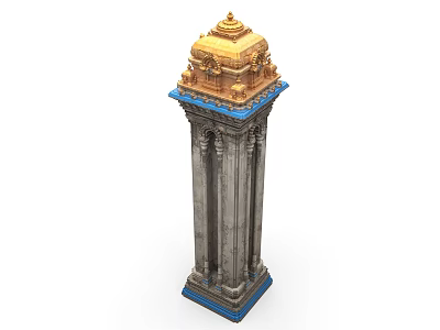 Ornate Traditional Tower with Golden Top Gray Columns Blue Base and Intricate Details 3d model