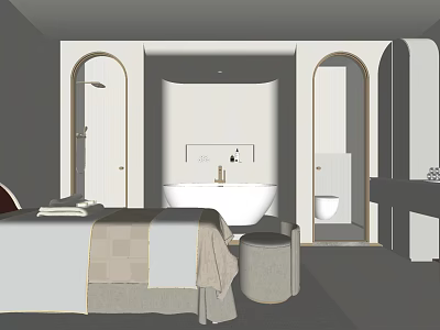 Minimalist SPA Sauna Room Design With Bathtub Bed Arches And Towels 3d model