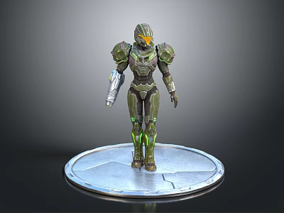 3D Green Armored Character Model With Helmet And Glowing Parts On Silver Base 3d model