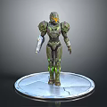 3D Green Armored Character Model With Helmet And Glowing Parts On Silver Base