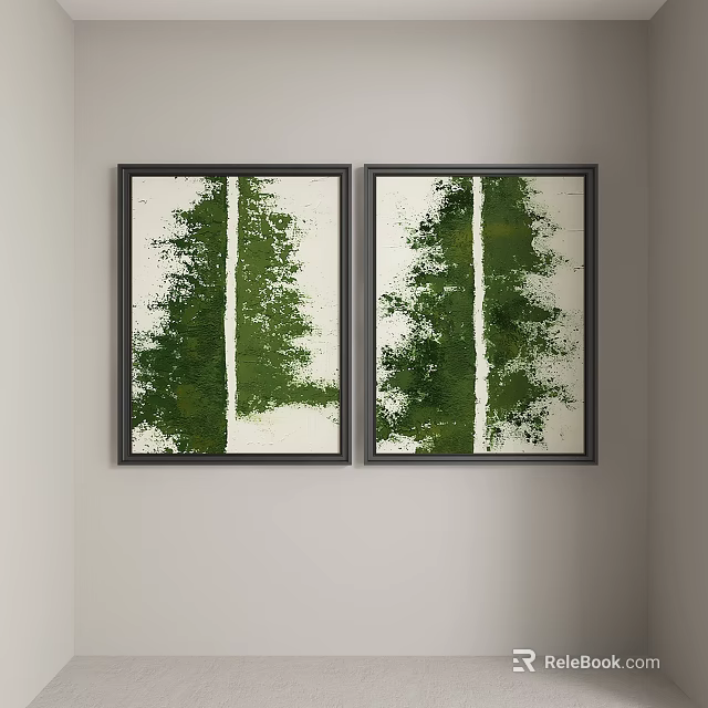 Pair of Black Framed Abstract Paintings With Green And White Brushstrokes Hanging on Wall 3d model 