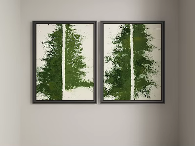 Pair of Black Framed Abstract Paintings With Green And White Brushstrokes Hanging on Wall 3d model
