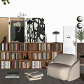 Modern Home Bookcase with Shelves Full of Books Green Plants and Decorative Artworks