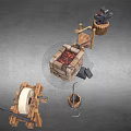 Traditional Decorative Ornament Set With Stone Mill Mortar And Wooden Structures