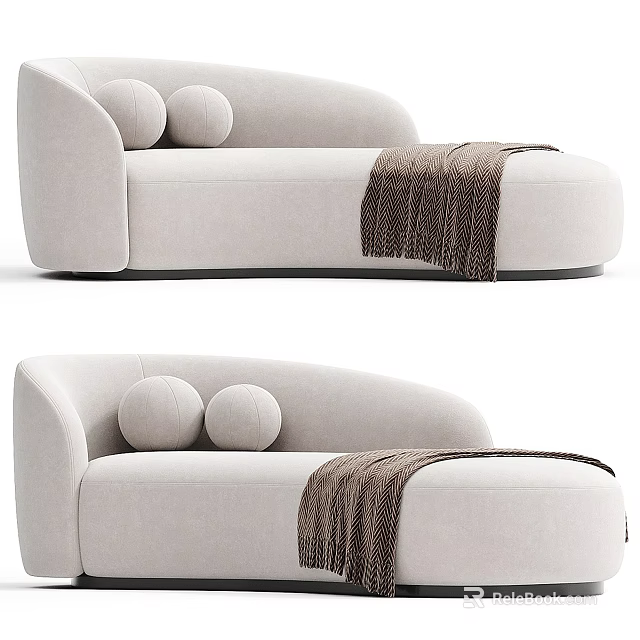 Modern Light Beige Fabric Sectional Sofa With Round Pillows And Brown Throw Blanket 3d model 