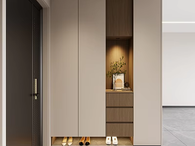 Modern Entryway Shoe Cabinet With Light Gray And Wooden Design Sleek Storage And Decorative Plants 3d model