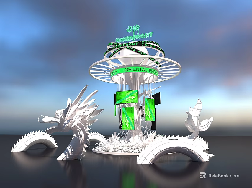 Ministry of Environment Rotating Display Structure With White Dragon Sculptures And Green Screens 3d model 