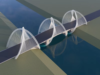 Modern Arch Bridge Design With White Steel Frames Over Water and Clear Reflection 3d model