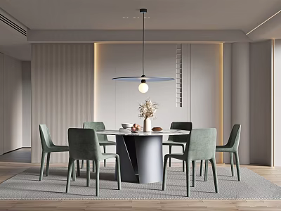 Modern Restaurant Interior With Round Dining Table Green Chairs Pendant Light And Floral Decor 3d model
