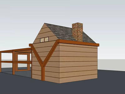 Traditional Wooden Cabin Exterior With Gray Roof Brick Chimney And Porch Railings 3d model