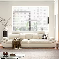 White Three Seater Sofa with Plush Pillows Knitted Blanket in Living Room with Window Blinds