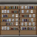 Modern Bookcase Interior With Layered Shelves Filled Books And Decorative Prints