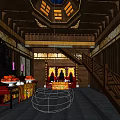 Buddhist Temple Interior With Traditional Wooden Structure And Buddha Statues On Altar