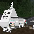 Rabbit Shaped Kiosk With Open Shelves Goods White Scooter Tables Chairs Umbrella Green Woods Road
