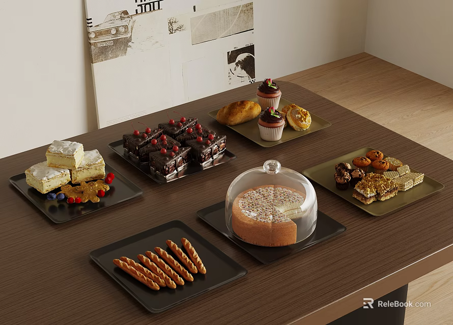 Assorted Desserts Display On Wooden Table With Glass Covered Cake And Pastries 3d model 