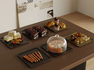 Assorted Desserts Display On Wooden Table With Glass Covered Cake And Pastries 3d model