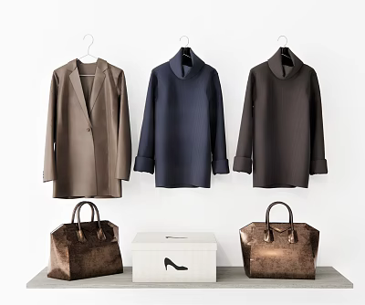 Stylish Women's Coats in Brown Navy with Brown Bags and White Heel Design Box 3d model