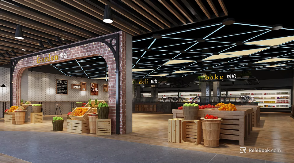 Modern Supermarket Interior With Fresh Fruits Vegetables Bakery Section Wooden Crates And Geometric Ceiling 3d model 