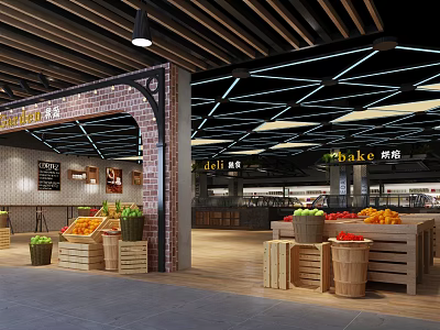 Modern Supermarket Interior With Fresh Fruits Vegetables Bakery Section Wooden Crates And Geometric Ceiling 3d model