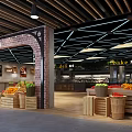 Modern Supermarket Interior With Fresh Fruits Vegetables Bakery Section Wooden Crates And Geometric Ceiling