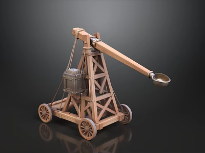 Wooden Medieval Trebuchet Model With Wheels Bucket And Launch Arm Structure 3d model