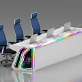 Modern Office Desk With Multiple Computer Monitors Ergonomic Chairs And RGB Lighting