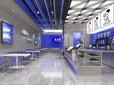Modern Milk Tea Shop Interior With Blue Gray Decor Tables Chairs And Counter 3d model