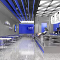 Modern Milk Tea Shop Interior With Blue Gray Decor Tables Chairs And Counter