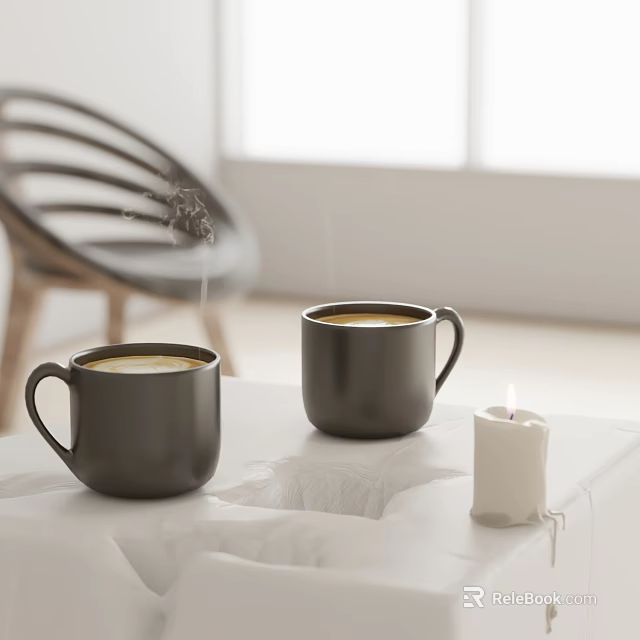 Steaming Black Mugs On White Table With Lit Candle In Bright Modern Room Setting 3d model 