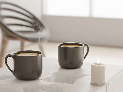 Steaming Black Mugs On White Table With Lit Candle In Bright Modern Room Setting 3d model