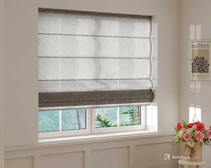 Gray Linen Roman Shade For Window With Green View White Wall And Flower Vase Decor 3d model 