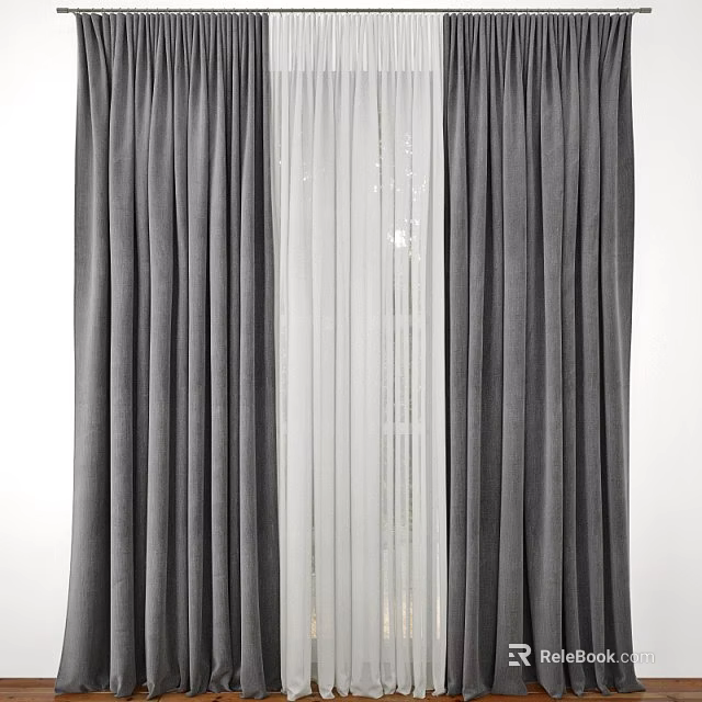 Gray Velvet Curtains With White Sheer Layer For Modern Home Window Decor 3d model 