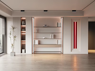Modern Open Bookshelf Interior Design With LED Strip Lights And Wooden Floor Plant 3d model