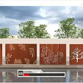 Outdoor Brown Decorative Wall With White Floral Tree Patterns And Water Reflection 3d model
