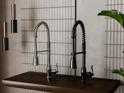 Modern Kitchen Faucets On Dark Wooden Countertop With Vertical Slat Wall And Green Plant Leaves 3d model