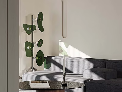 Grey Sofa And Round Coffee Table Set With Green Decorative Shelf Table Lamp And Sunlight 3d model