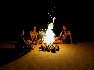 Garden Ornaments Enhance Bonfire Gathering With People Sitting On Sand At Night 3d model