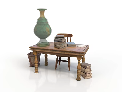Rustic Wooden Furniture Set With Table Chair Green Vase Stacked Books And Small Basket 3d model